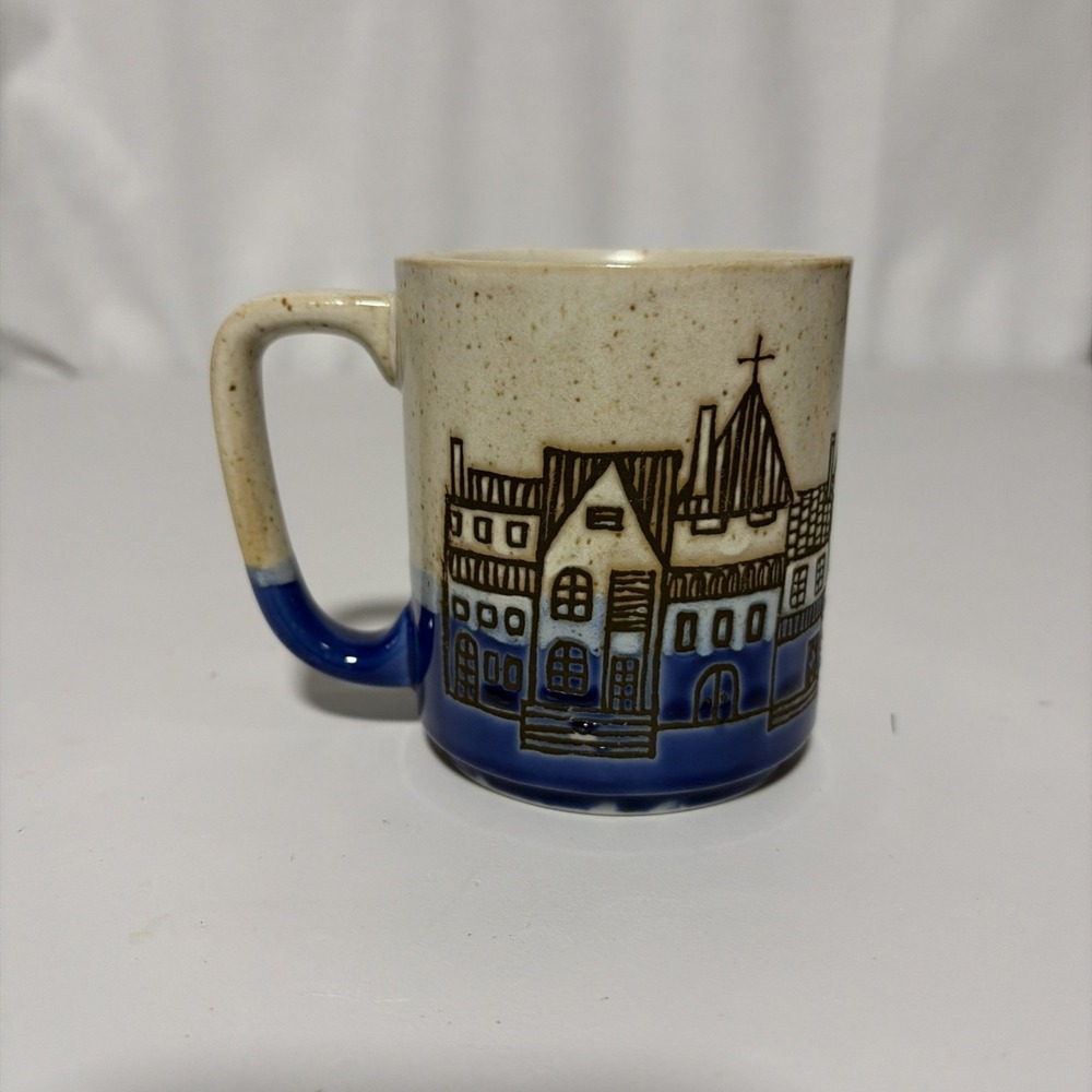 Vintage Hand Painted Raised Design City Scape Ceramic Mug Japan Blue Speckled